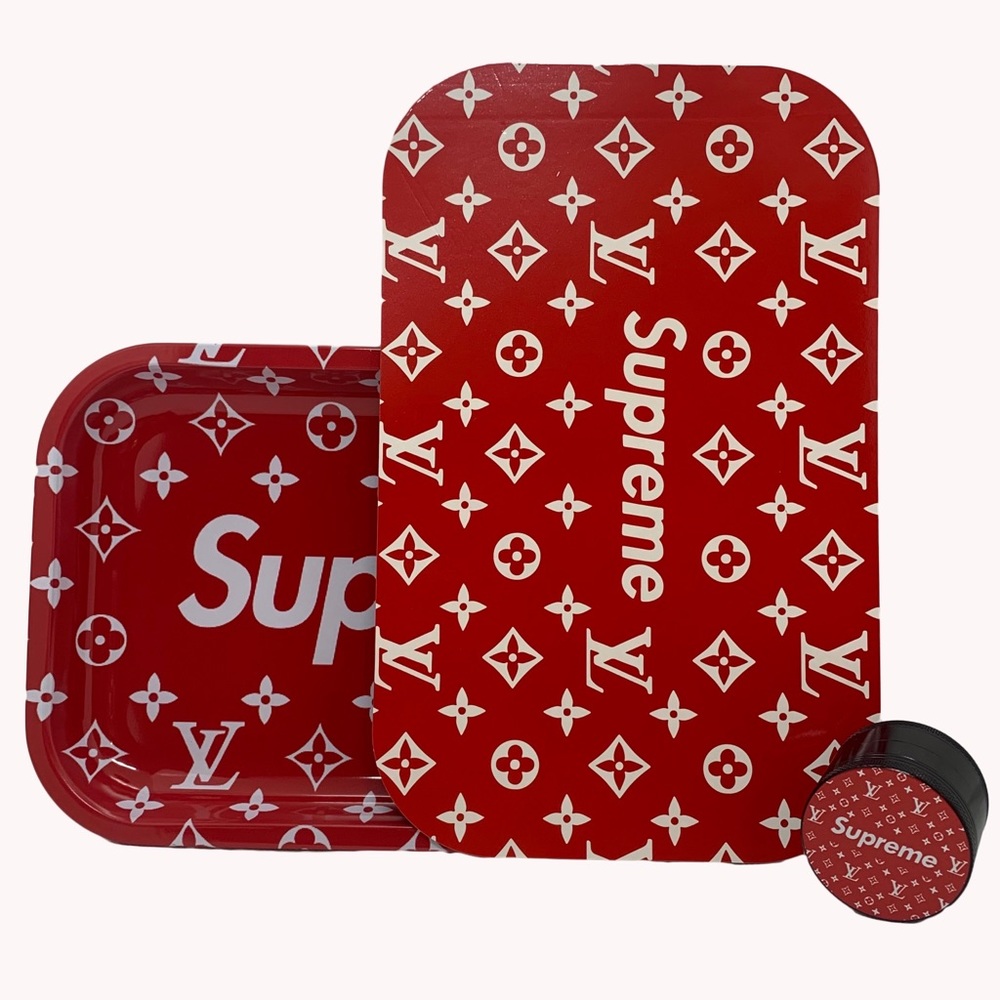Cigarette Rolling Tray with Magnetic Lid and Grinder - Set of 3 - Red/White